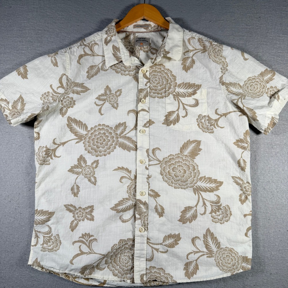 Quiksilver Waterman Mens XL Floral Hibiscus Short Sleeve Button Up Shirt Tan